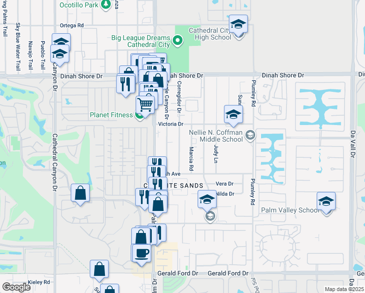 map of restaurants, bars, coffee shops, grocery stores, and more near 34650 Corregidor Drive in Cathedral City