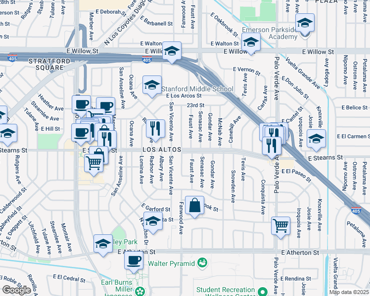 map of restaurants, bars, coffee shops, grocery stores, and more near 2206 Fanwood Avenue in Long Beach