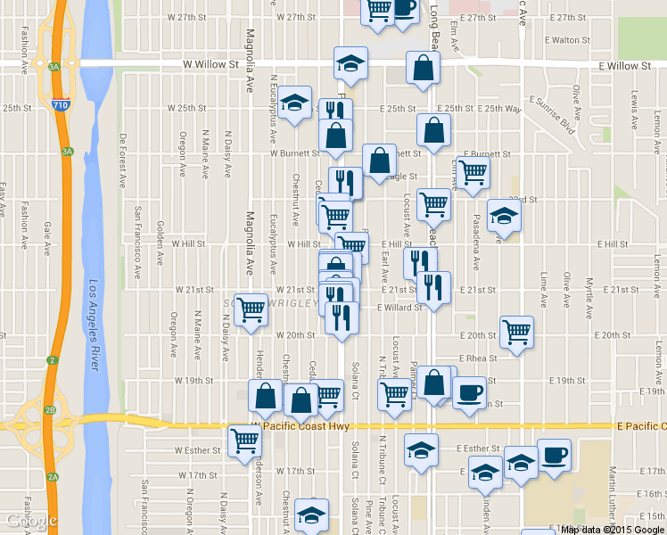 map of restaurants, bars, coffee shops, grocery stores, and more near 2169 Pacific Avenue in Long Beach