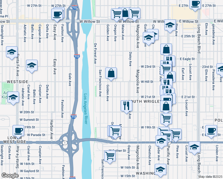 map of restaurants, bars, coffee shops, grocery stores, and more near 2164 Oregon Avenue in Long Beach