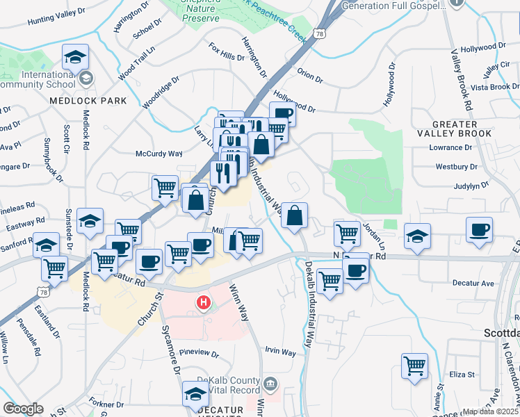 map of restaurants, bars, coffee shops, grocery stores, and more near 685 Dekalb Industrial Way in Decatur