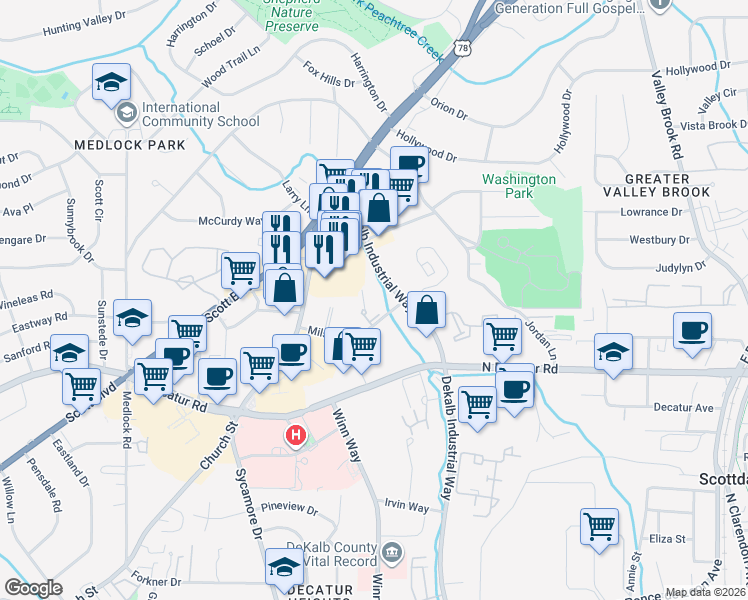 map of restaurants, bars, coffee shops, grocery stores, and more near 685 Dekalb Industrial Way in Decatur
