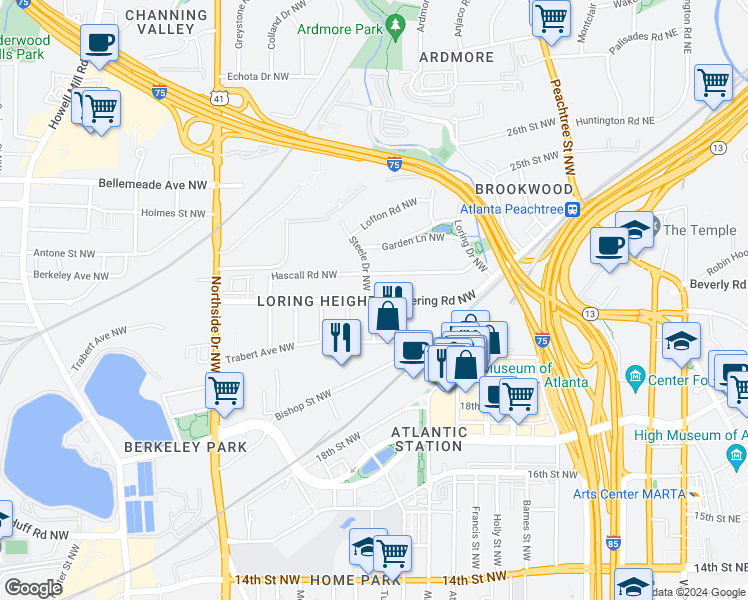 map of restaurants, bars, coffee shops, grocery stores, and more near 383 Deering Road Northwest in Atlanta