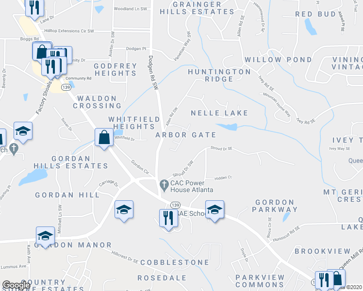 map of restaurants, bars, coffee shops, grocery stores, and more near 6564 Arbor Gate Drive Southwest in Mableton