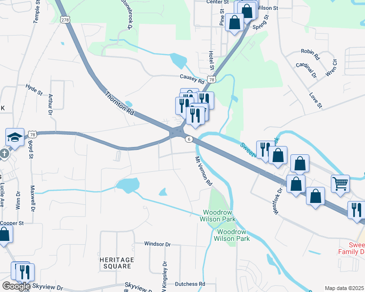 map of restaurants, bars, coffee shops, grocery stores, and more near 205-211 Thornton Road in Lithia Springs