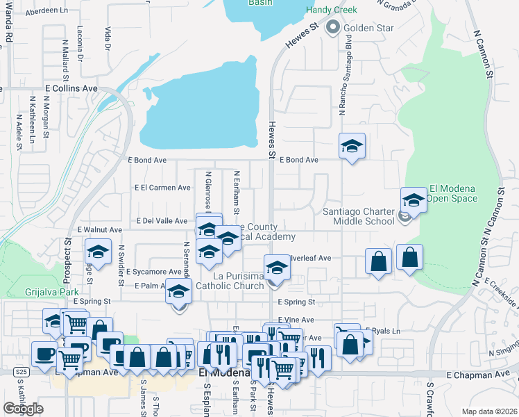 map of restaurants, bars, coffee shops, grocery stores, and more near 11371 South Church Street in Orange