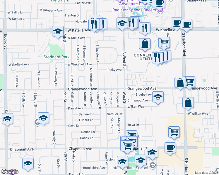 map of restaurants, bars, coffee shops, grocery stores, and more near 11442 Kathy Lane in Garden Grove