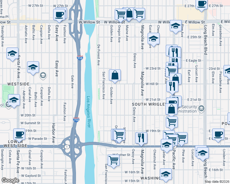 map of restaurants, bars, coffee shops, grocery stores, and more near 2164 Oregon Avenue in Long Beach