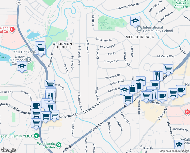 map of restaurants, bars, coffee shops, grocery stores, and more near 687 Wendan Drive in Decatur