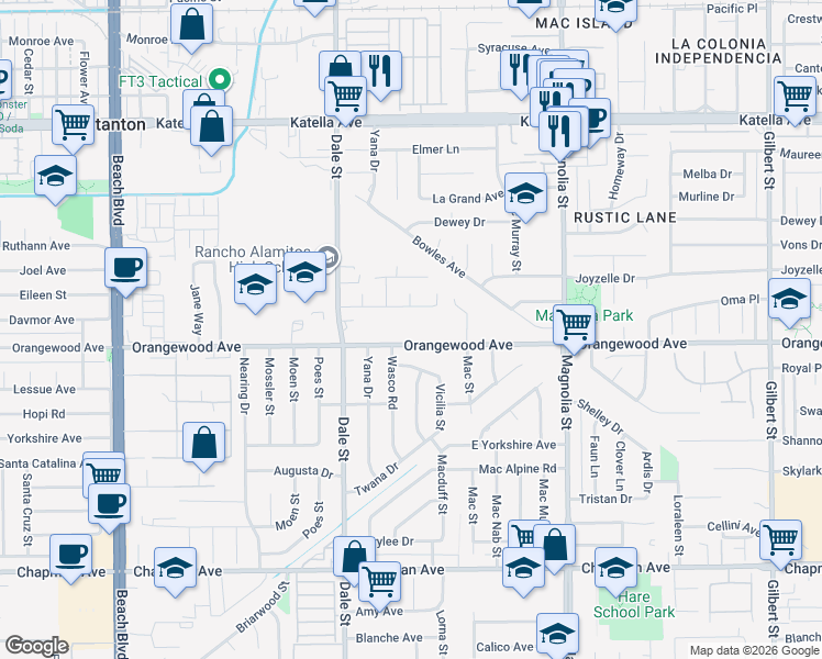 map of restaurants, bars, coffee shops, grocery stores, and more near 8651 Orangewood Avenue in Garden Grove