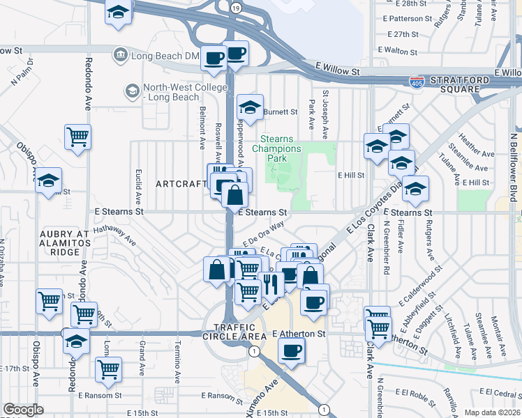 map of restaurants, bars, coffee shops, grocery stores, and more near 2200 Ximeno Avenue in Long Beach