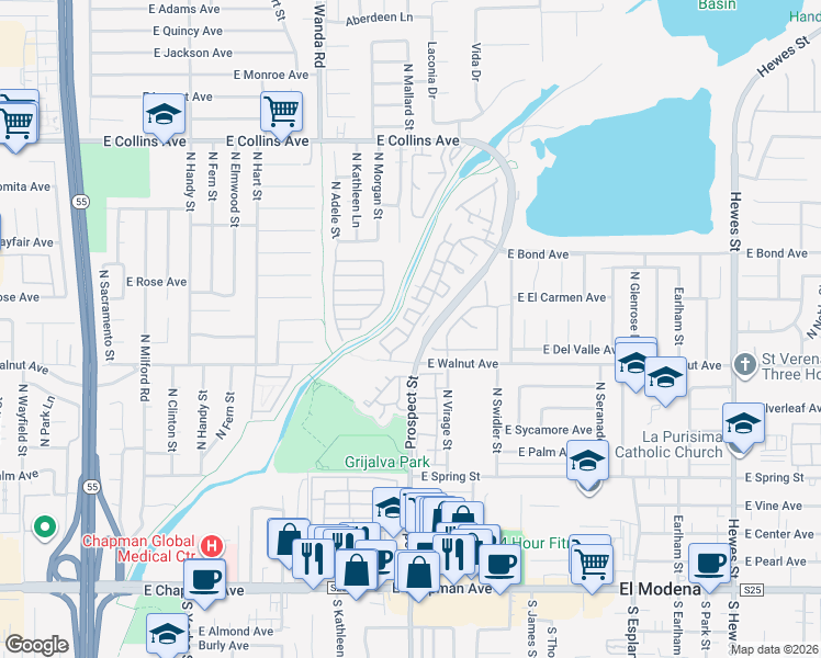 map of restaurants, bars, coffee shops, grocery stores, and more near 583 North Pageant Drive in Orange