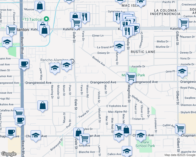 map of restaurants, bars, coffee shops, grocery stores, and more near 8711 Orangewood Avenue in Garden Grove