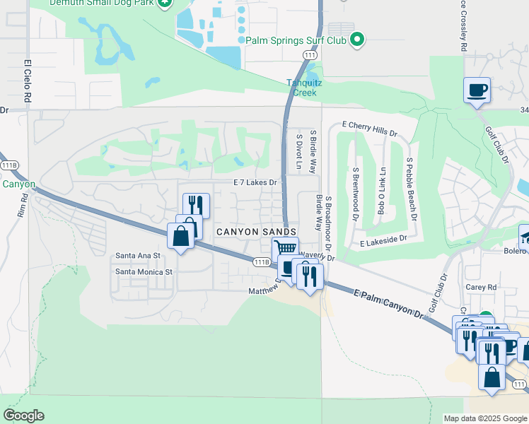 map of restaurants, bars, coffee shops, grocery stores, and more near 2330 East Miramonte Circle in Palm Springs