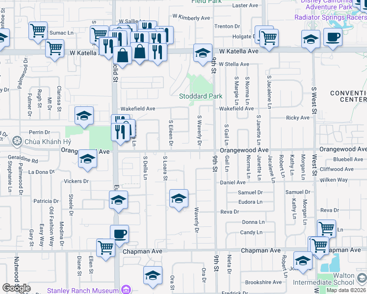 map of restaurants, bars, coffee shops, grocery stores, and more near 1564 West Flippen Circle in Anaheim