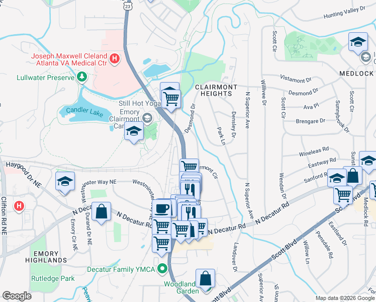 map of restaurants, bars, coffee shops, grocery stores, and more near 689 Brennan Drive in Decatur
