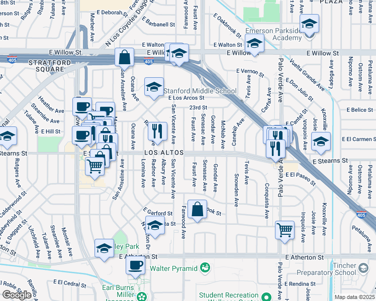 map of restaurants, bars, coffee shops, grocery stores, and more near 2206 Fanwood Avenue in Long Beach