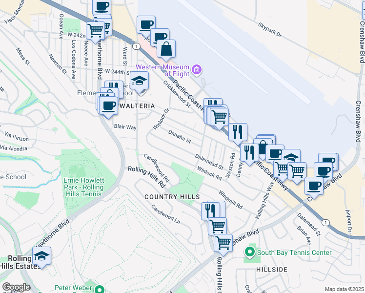 map of restaurants, bars, coffee shops, grocery stores, and more near 3241 Dalemead Street in Torrance