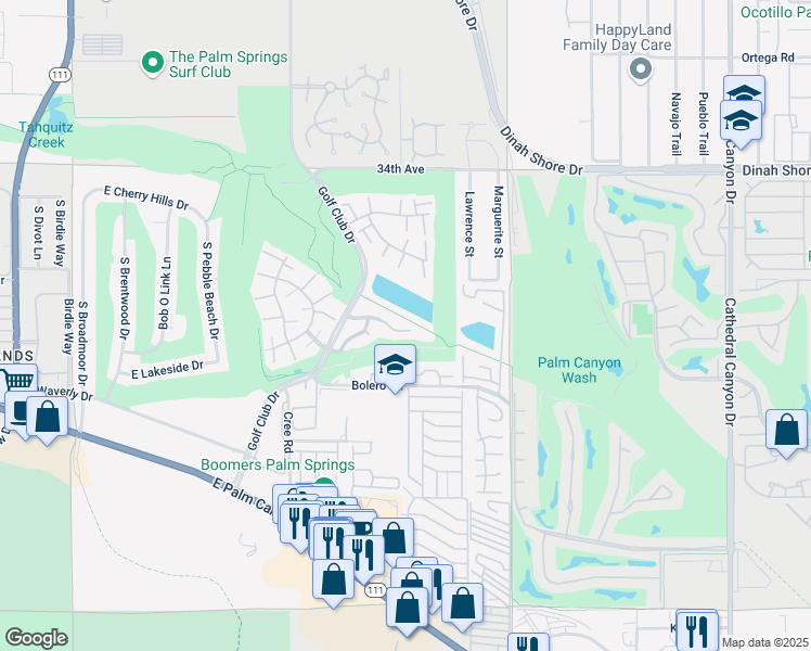 map of restaurants, bars, coffee shops, grocery stores, and more near 58 Portola Drive in Palm Springs