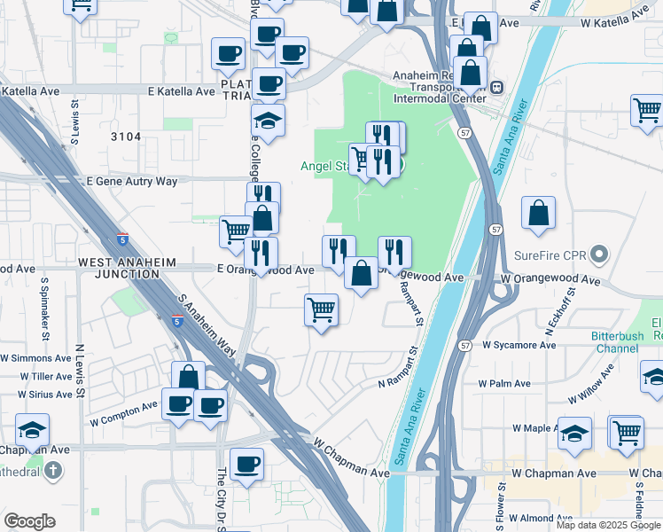 map of restaurants, bars, coffee shops, grocery stores, and more near 2209 East Orangewood Avenue in Anaheim
