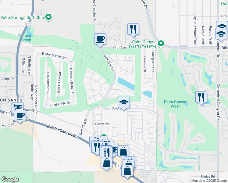 map of restaurants, bars, coffee shops, grocery stores, and more near 2 Pueblo Vista Street in Palm Springs
