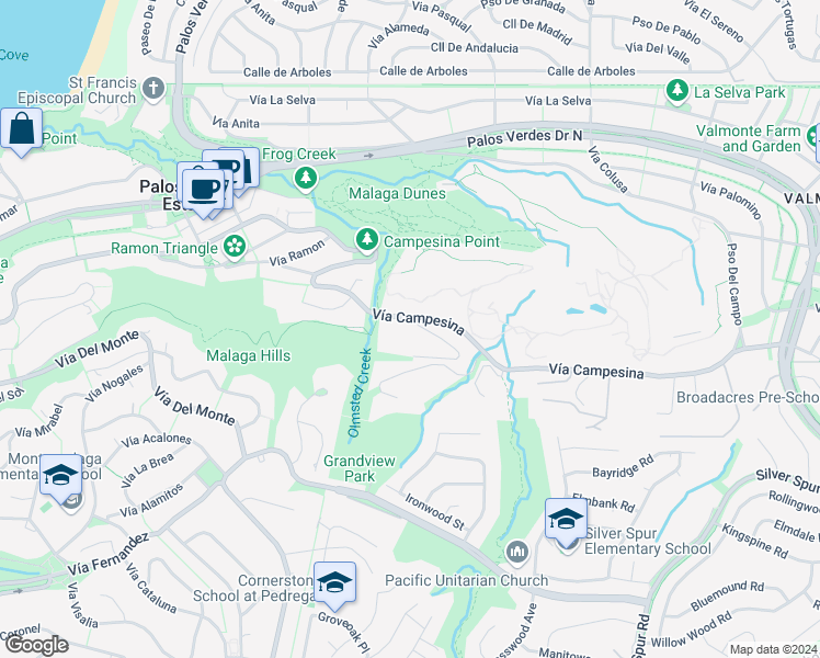 map of restaurants, bars, coffee shops, grocery stores, and more near 2812 Vía Campesina in Palos Verdes Estates
