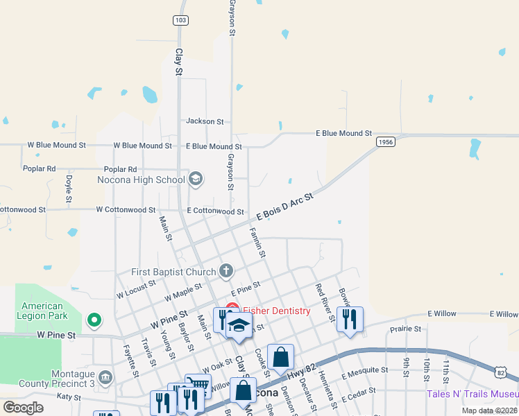 map of restaurants, bars, coffee shops, grocery stores, and more near 902 Fannin Street in Nocona