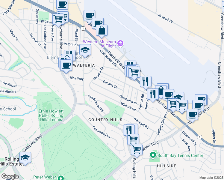 map of restaurants, bars, coffee shops, grocery stores, and more near 3241 Dalemead Street in Torrance