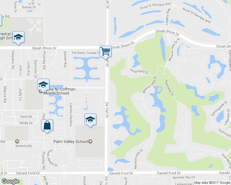 map of restaurants, bars, coffee shops, grocery stores, and more near 555 Desert West Drive in Rancho Mirage
