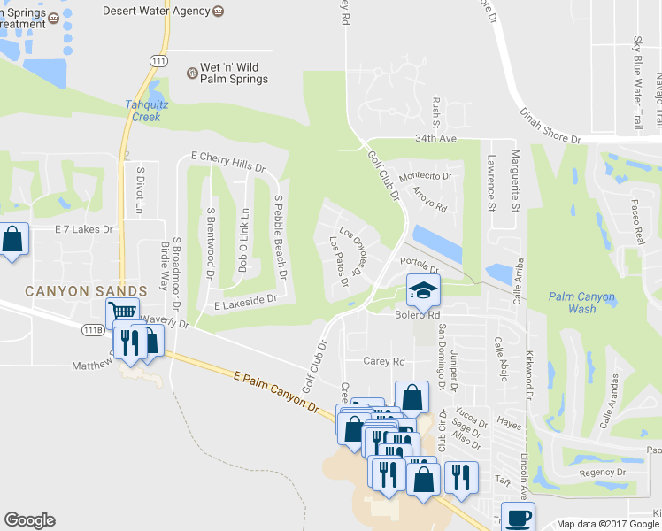 map of restaurants, bars, coffee shops, grocery stores, and more near 2415 Los Patos Drive in Palm Springs