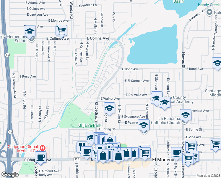 map of restaurants, bars, coffee shops, grocery stores, and more near 3517 East Baron Court in Orange