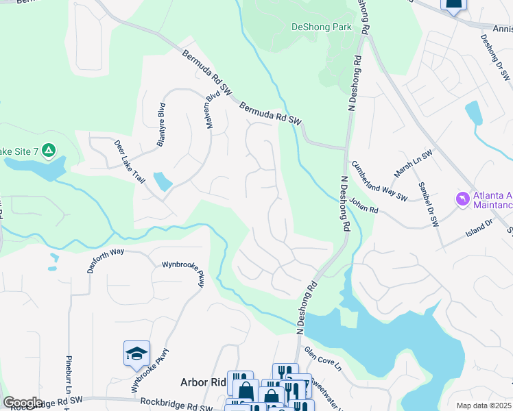 map of restaurants, bars, coffee shops, grocery stores, and more near 6918 Dockbridge Way in Stone Mountain