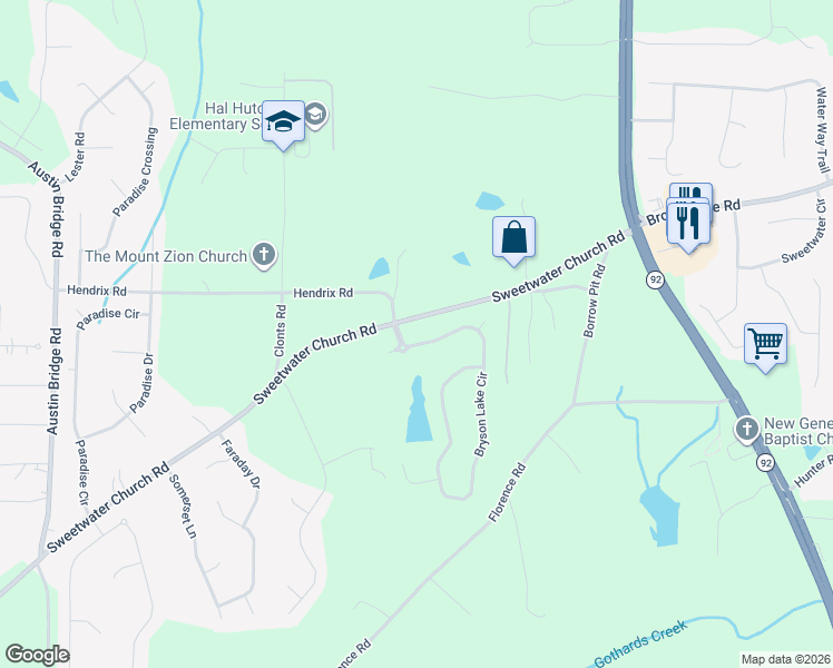 map of restaurants, bars, coffee shops, grocery stores, and more near 565 Sweetwater Church Road in Douglasville