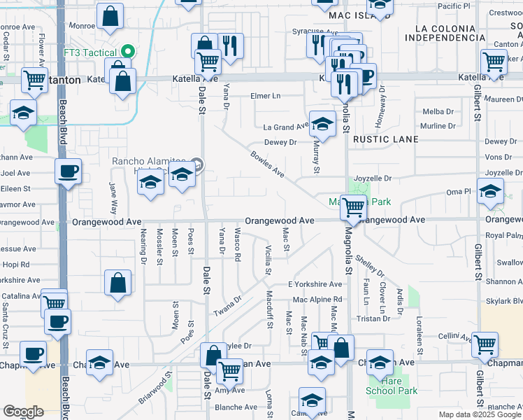 map of restaurants, bars, coffee shops, grocery stores, and more near 8711 Orangewood Avenue in Garden Grove
