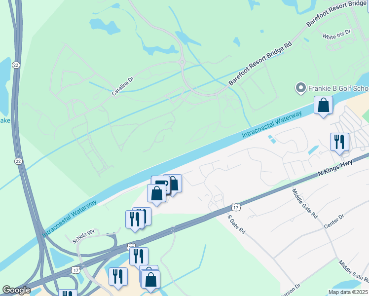 map of restaurants, bars, coffee shops, grocery stores, and more near 2180 Waterview Drive in North Myrtle Beach