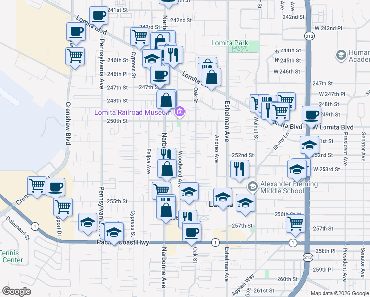 map of restaurants, bars, coffee shops, grocery stores, and more near 25120 Woodward Avenue in Lomita