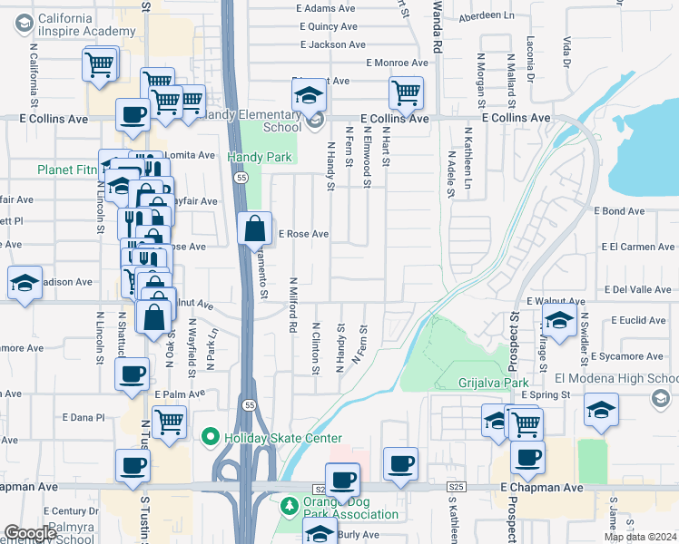 map of restaurants, bars, coffee shops, grocery stores, and more near 2515 East Orange Grove Avenue in Orange