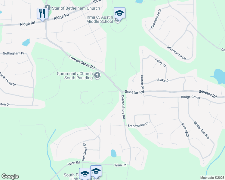 map of restaurants, bars, coffee shops, grocery stores, and more near 48 Hale Haven Drive in Douglasville