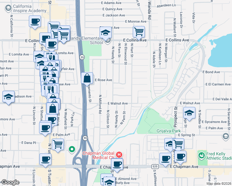 map of restaurants, bars, coffee shops, grocery stores, and more near 2526 East Hamilton Avenue in Orange