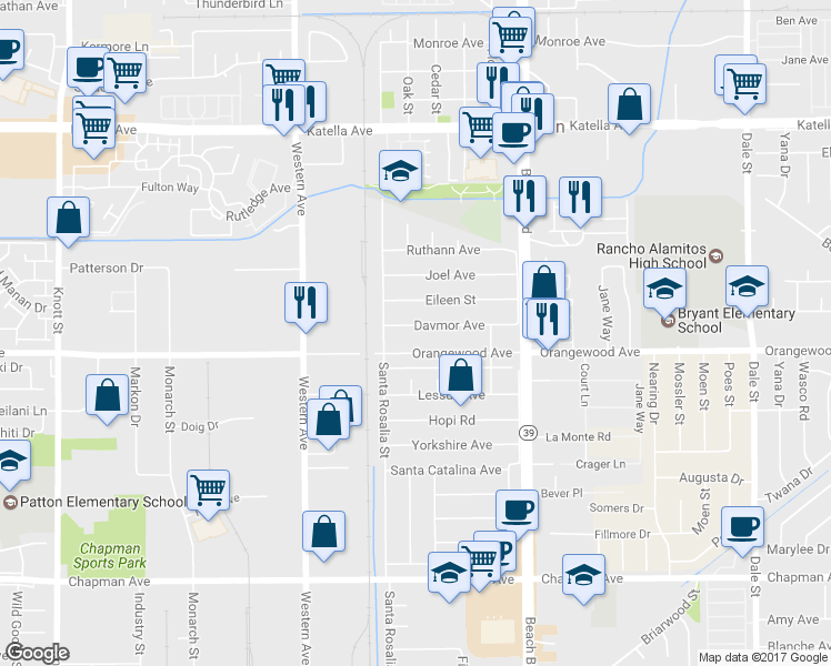 map of restaurants, bars, coffee shops, grocery stores, and more near 7732 Davmor Avenue in Stanton