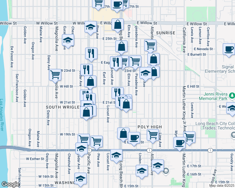 map of restaurants, bars, coffee shops, grocery stores, and more near 2145 Long Beach Boulevard in Long Beach