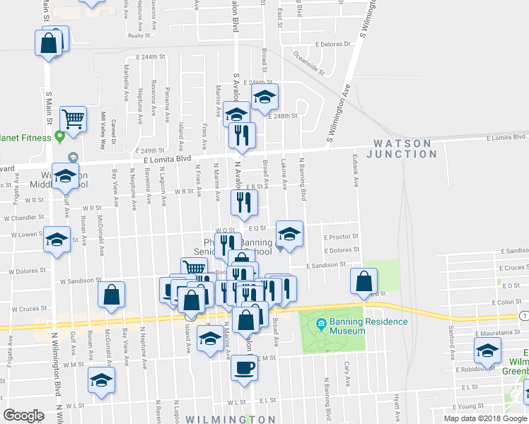 map of restaurants, bars, coffee shops, grocery stores, and more near 1627 Broad Avenue in Los Angeles