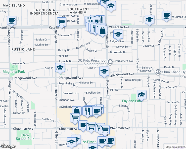 map of restaurants, bars, coffee shops, grocery stores, and more near 11442 Rainier Court in Garden Grove