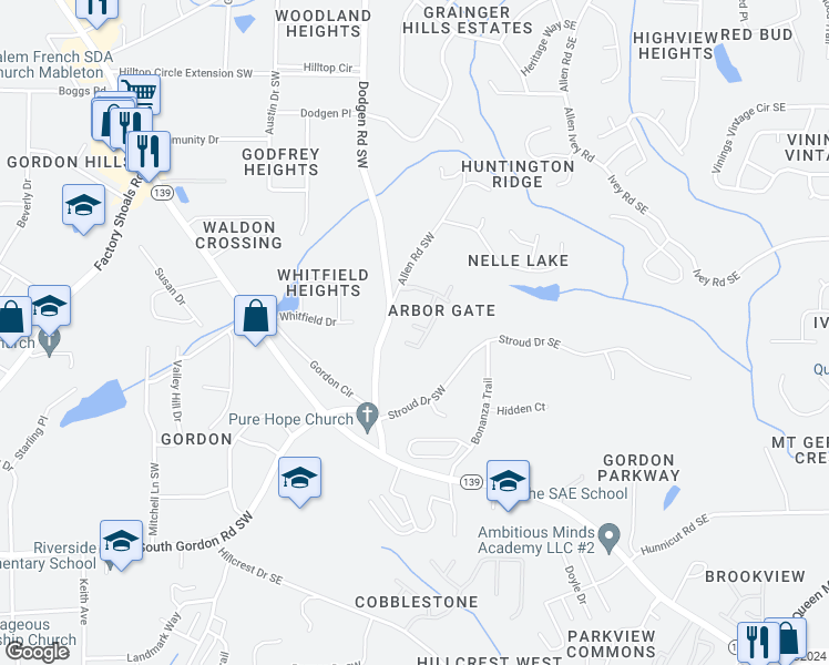 map of restaurants, bars, coffee shops, grocery stores, and more near 6582 Arbor Gate Drive Southwest in Mableton