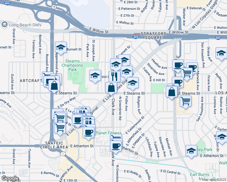 map of restaurants, bars, coffee shops, grocery stores, and more near E Los Coyotes Diagonal & Stearns St & Clark Ave in Long Beach