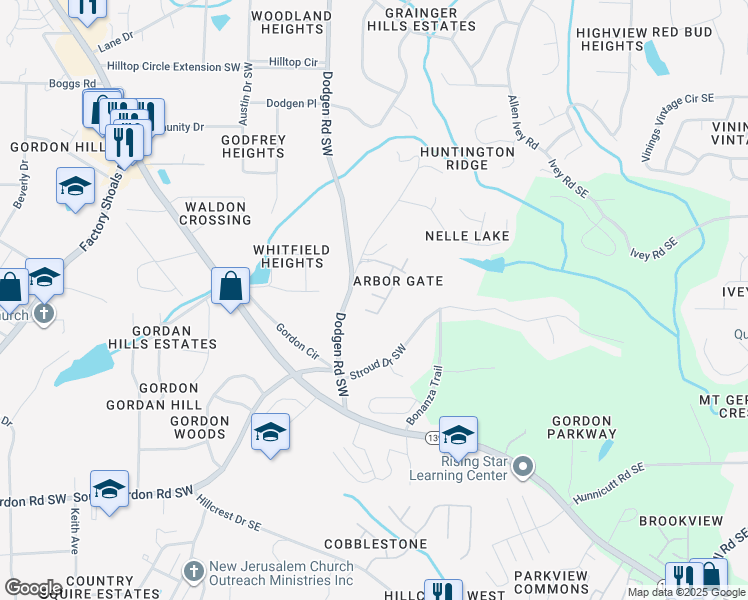 map of restaurants, bars, coffee shops, grocery stores, and more near 6582 Arbor Gate Drive Southwest in Mableton