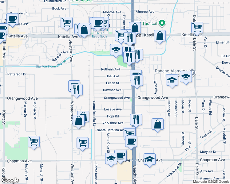 map of restaurants, bars, coffee shops, grocery stores, and more near 7812 Davmor Avenue in Stanton