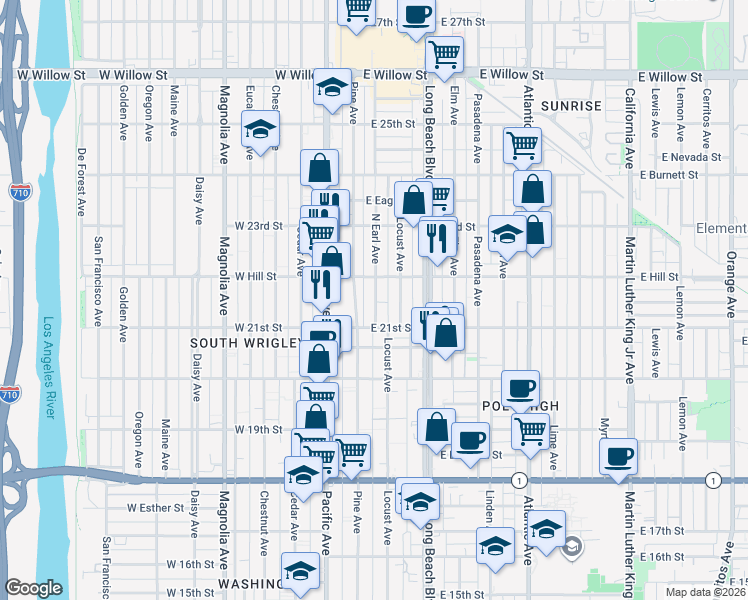 map of restaurants, bars, coffee shops, grocery stores, and more near 2155 Earl Avenue in Long Beach