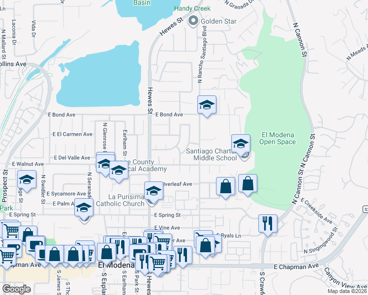 map of restaurants, bars, coffee shops, grocery stores, and more near 560 North Noble Street in Orange