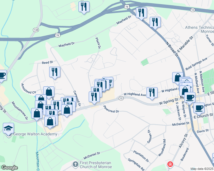 map of restaurants, bars, coffee shops, grocery stores, and more near 753 Ridge Road in Monroe
